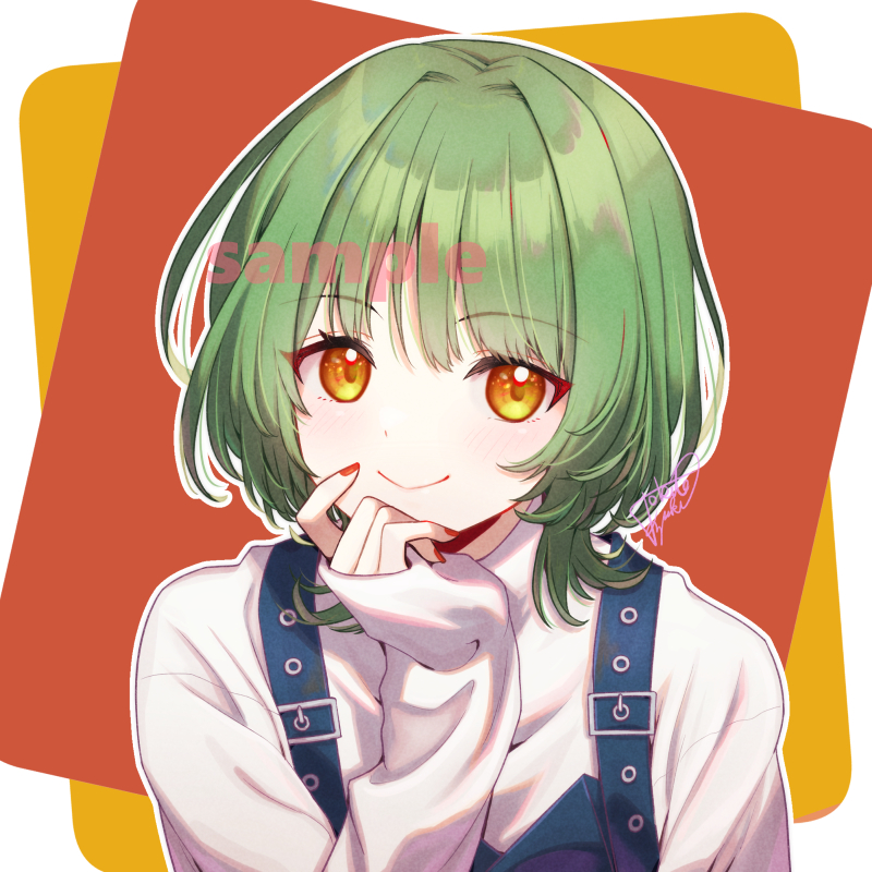 1girl solo smile green hair looking at viewer long sleeves red nails  illustration images