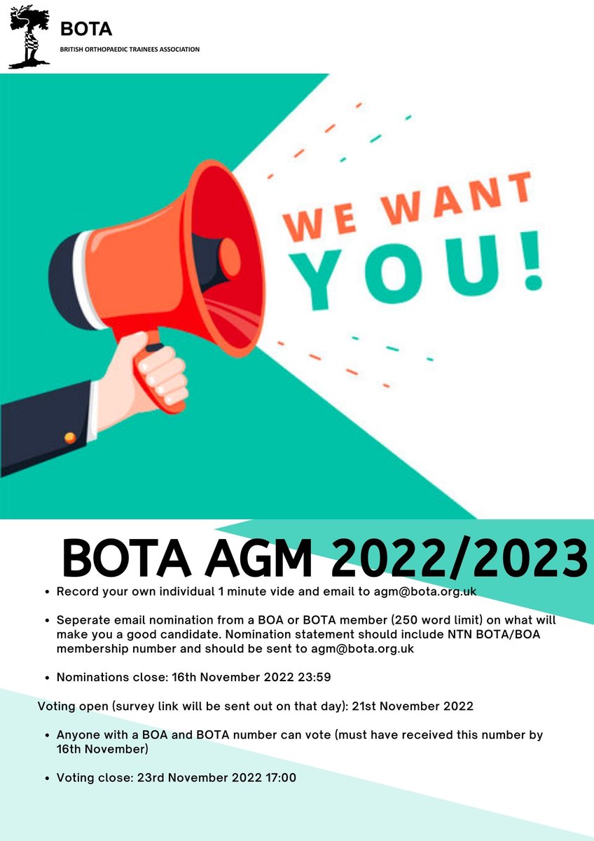 NEW BOTA COMMITTEE? WE NEED YOU!
#change #education #research #orthotwitter #diversity 

All positions are up for grabs bota.org.uk/committee-2021  
Join bota.org.uk/congress 

Please note medical student position is no longer open for nomination with representation from BOMSA