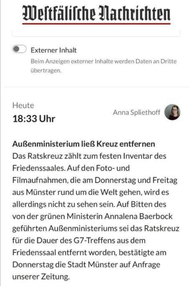 Georg_Pazderski's tweet image. Angeblich aus Toleranzgründen lässt Baerbock im Friedenssaal in Münster das fast 600 Jahre alte Ratskreuz abnehmen, obwohl außer Japan nur christlich geprägte Nationen am #G7-Gipfel teilnehmen. Der Hass auf die eigene christliche Kultur muss sehr tief sitzen bei den Grünen.