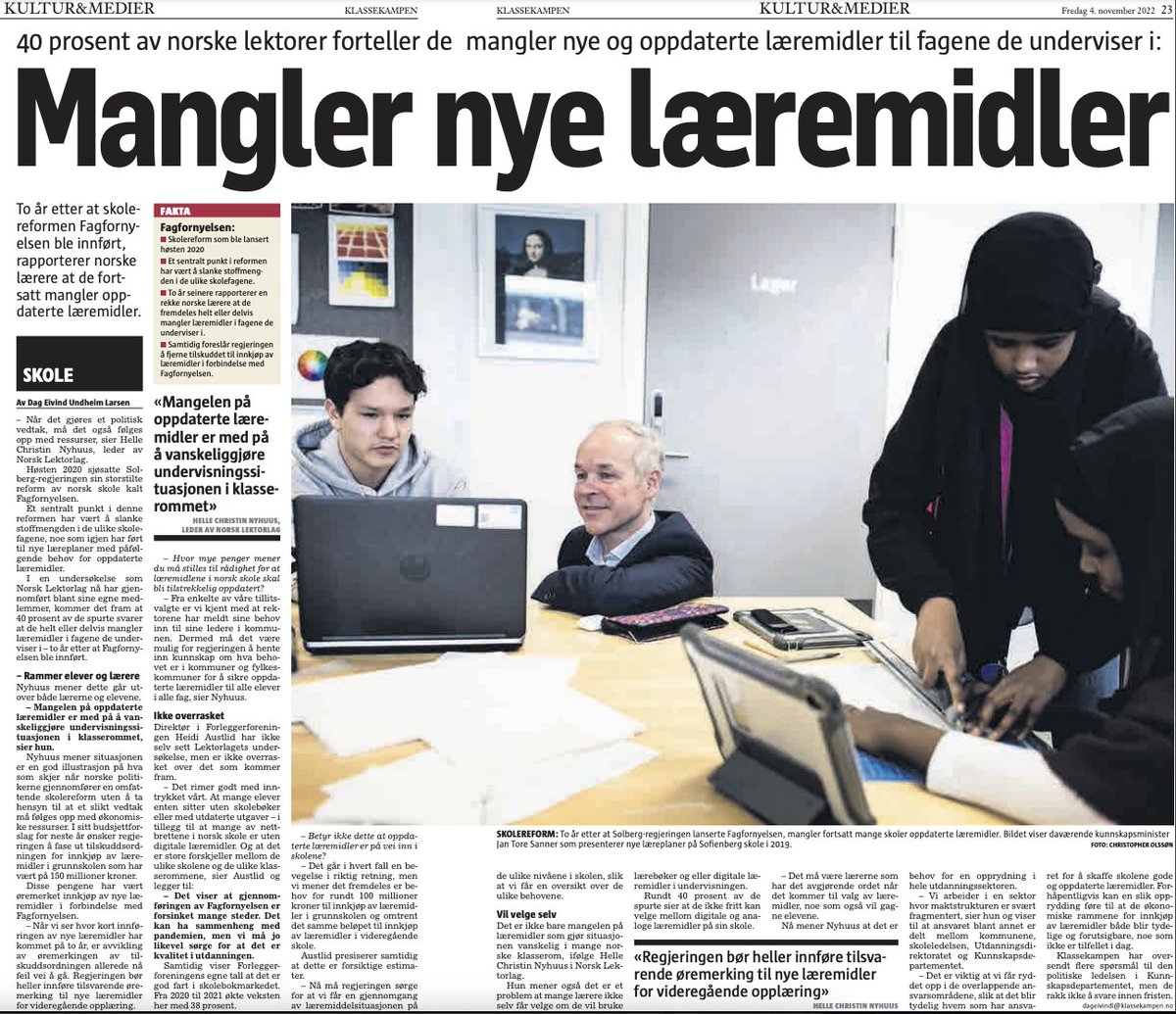 Forleggerforeningen (@dnf_publisher) on Twitter photo To år etter Fagfornyelsen ble innført forteller 40 prosent av norske lektorer at de fortsatt mangler læremidler.
– Nå må regjeringen sørge for at vi får en gjennomgang av læremiddelsituasjonen på de ulike nivåene i skolen, sier <a href="/Austlid/">Heidi Austlid</a>. Skjermdump: <a href="/Klassekampen/">Klassekampen</a> To år etter Fagfornyelsen ble innført forteller 40 prosent av norske lektorer at de fortsatt mangler læremidler.
– Nå må regjeringen sørge for at vi får en gjennomgang av læremiddelsituasjonen på de ulike nivåene i skolen, sier <a href="/Austlid/">Heidi Austlid</a>. Skjermdump: <a href="/Klassekampen/">Klassekampen</a>