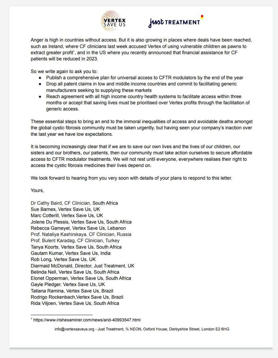 Despite years of #cysticfibrosis patients calling for #globalaccess to vital treatment, <a href="/VertexPharma/">Vertex Pharmaceuticals</a> continue to put profit before lives.
As #NACFC 2022 takes place, we &amp; @VertexSaveUS have written to Vertex (again) to demand an end to this injustice!
RT to hold them to account
