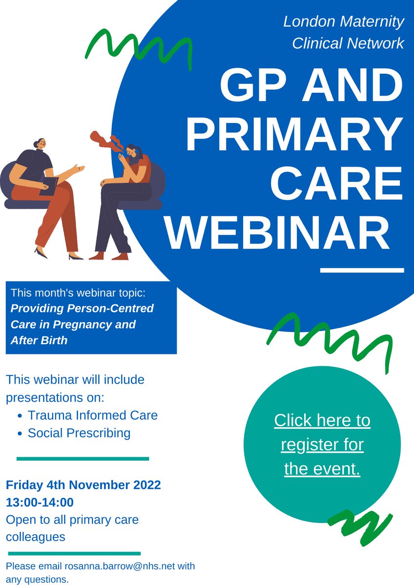 Rosie Barrow (@rosiebarrow9) on Twitter photo Webinar on Providing Person Centred Maternity Care today! Speakers on Trauma Informed Care & Social Prescribing. Open to all- GPs, GP Nurse Practitioners, Primary Care Colleagues, and anyone who may find this useful for their role. Please email: rosanna.barrow@nhs.net for link Webinar on Providing Person Centred Maternity Care today! Speakers on Trauma Informed Care & Social Prescribing. Open to all- GPs, GP Nurse Practitioners, Primary Care Colleagues, and anyone who may find this useful for their role. Please email: rosanna.barrow@nhs.net for link