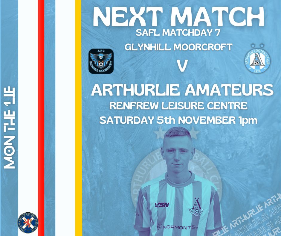 Arthurlie FC Amateurs (@arthurliefcams) on Twitter photo 🔵⚪️ #FixtureFriday ⚪️🔵
🆚️ <a href="/GlynhillM/">Glynhill Moorcroft AFC</a> (A)
📅 Saturday 5th November
⏲️ 1.00pm kick off
🏟 Renfrew Leisure Centre Astro
🏆 <a href="/SAFLOfficial/">SAFL Official</a> Matchday 7
🔵⚪️🔵⚪️🔵
<a href="/ArthurlieFC/">Arthurlie FC</a> <a href="/Arthurlieu20s/">Arthurlie U20s Development Squad</a> <a href="/barrheadyouthfc/">Barrhead YFC</a> @ToneFPhotograp1 🔵⚪️ #FixtureFriday ⚪️🔵
🆚️ <a href="/GlynhillM/">Glynhill Moorcroft AFC</a> (A)
📅 Saturday 5th November
⏲️ 1.00pm kick off
🏟 Renfrew Leisure Centre Astro
🏆 <a href="/SAFLOfficial/">SAFL Official</a> Matchday 7
🔵⚪️🔵⚪️🔵
<a href="/ArthurlieFC/">Arthurlie FC</a> <a href="/Arthurlieu20s/">Arthurlie U20s Development Squad</a> <a href="/barrheadyouthfc/">Barrhead YFC</a> @ToneFPhotograp1