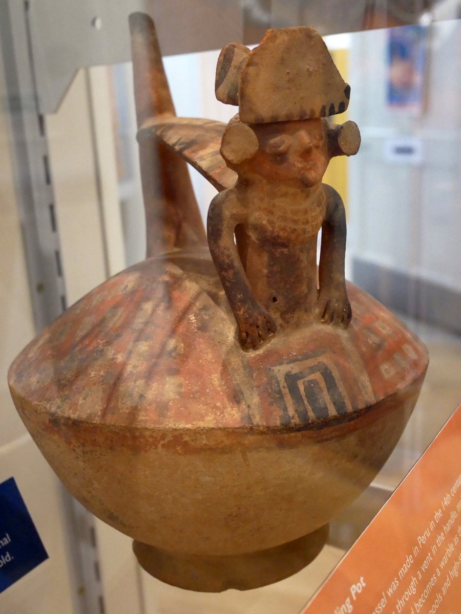 TorquayMuseum's tweet photo. #ObjectOfTheWeek: Whistling Pot
This ceramic vessel, on display in our Made to be Played exhibition, was made in Peru in the 14th c. When air is blown into the spout, it makes a whistling sound. With liquid inside, the sound becomes a warble. #MtbP https://t.co/M5qMWFqu06