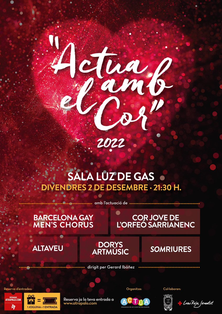⭐️DIVENDRES 2 DE DESEMBRE actuarem a <a href="/LuzdeGasClub/">Luz de Gas</a> per la 8a edició de #ActuaAmbElCor. Un espectacle solidari organitzat per <a href="/asociacionACTUA/">ACTÚA</a> i dirigit per <a href="/GerardIbanezM/">Gerard Ibáñez M.</a> 

🧸 1 JOGUINA = 🎟️ 1 ENTRADA

Aconsegueix la teva entrada a:
acortar.link/GwIJ0n