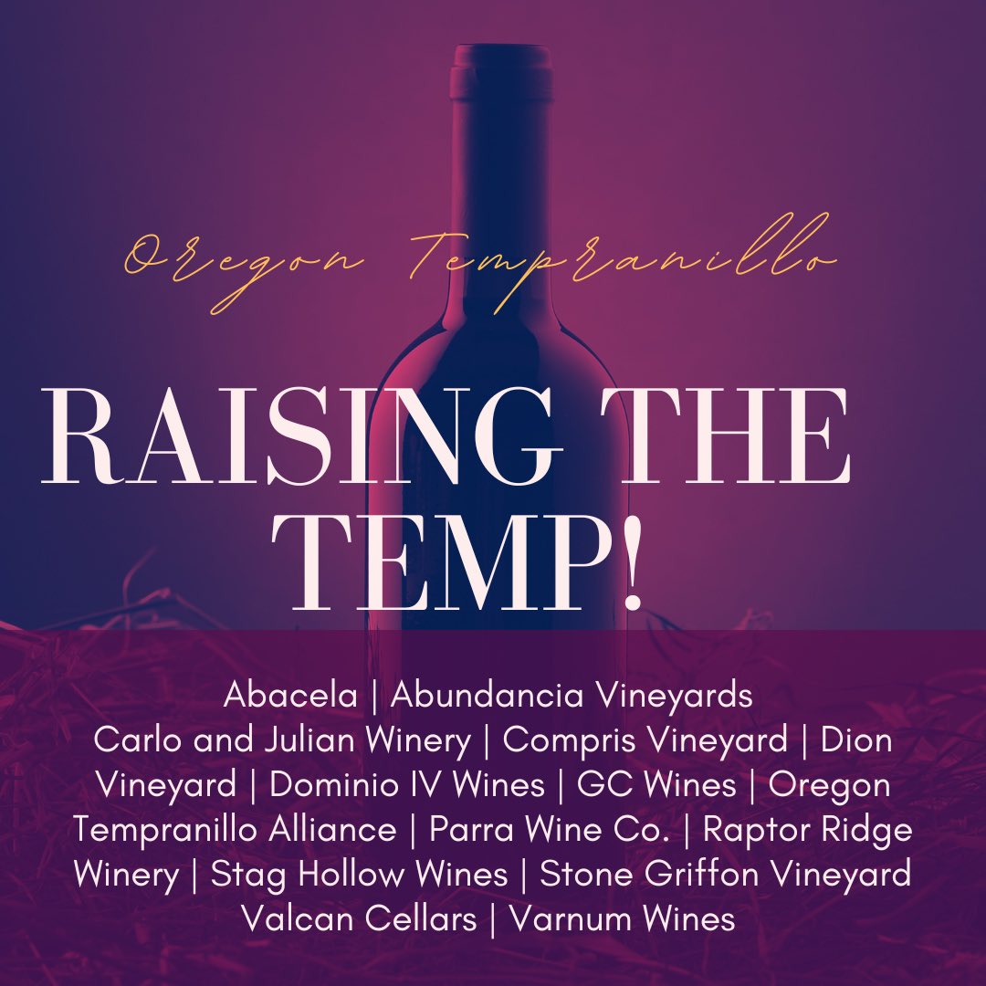 ORTempranillo's tweet photo. Raising the Temp! A wine tasting event featuring #Tempranillo wines produced in Oregon! November 12th, 12-4 PM at Chehalem Cultural Center in Newberg, OR. Get your tickets via @tock thru @comprisvineyard 🍷 
#ORwine #OregonWine #winetasting #raisingthetemp #oregontempranillo https://t.co/rxNEgFpJVh