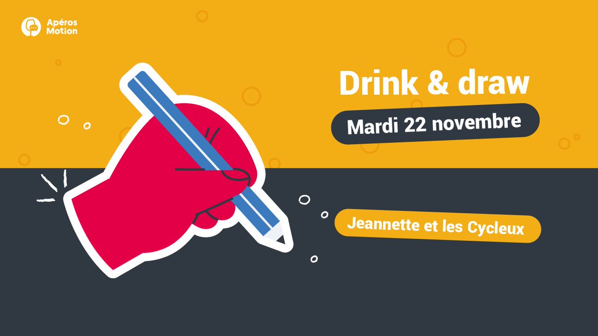 Au mois de novembre, RDV pour un apéro #DrinkAndDraw chez Jeannette et les Cycleux à #Strasbourg
On vous propose des thèmes pour vous challenger, et on dessine tous ensemble ! 🎉

Inscriptions :
➡️ helloasso.com/associations/c…

#aperosmotiondesign #aperosmotion #drawing #motiondesign
