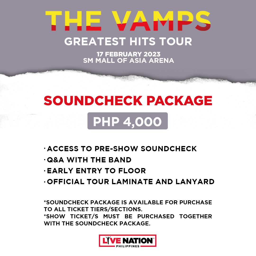 philconcerts's tweet photo. The Vamps - Greatest Hits Tour

6250 Floor Standing
5500 Patron Sides
4500 Patron Center/LBA Premium
4000 LBA Regular
3500 LBB Premium
3000 LBB Regular

Tickets via https://t.co/S9moifnbyc 
LNPH Pre-sale: Nov. 8 (10am - 11:59pm) 
General On-sale: Nov. 9 (10am)

@livenationph https://t.co/dtP9PHIduh