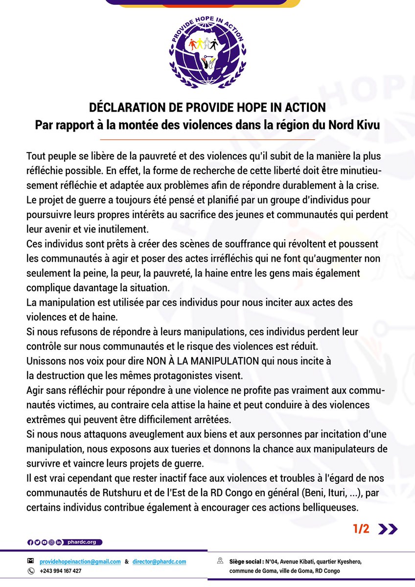 provide_hope's tweet photo. Déclaration de @provide_hope par rapport à la montée des violences dans la région du Nord-Kivu et de l‘Est de la RD Congo en général 👇🏼👇🏼👇🏼 https://t.co/VAv3yQdx21