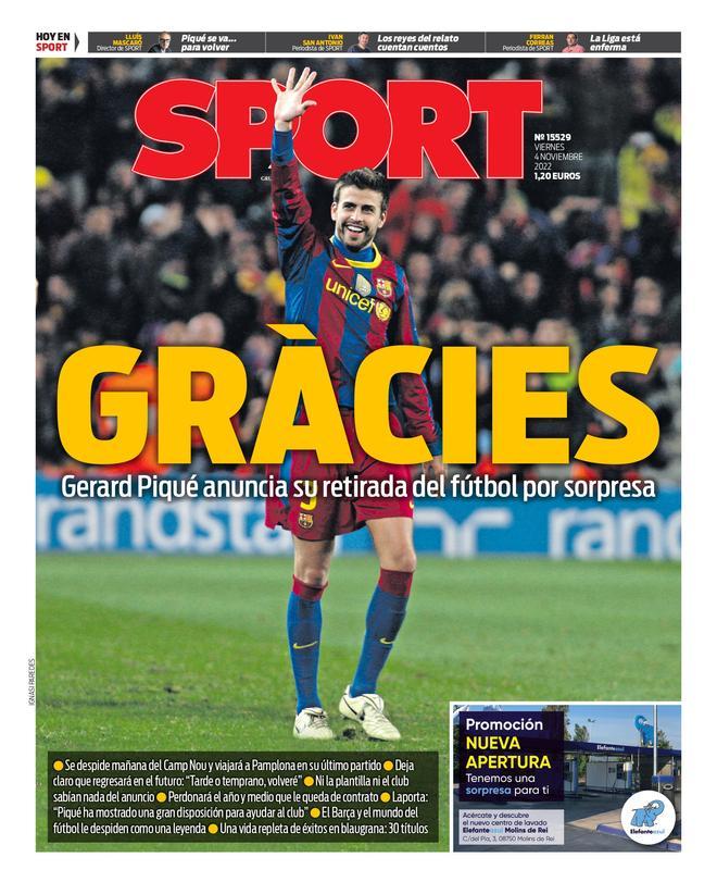 Avui som notícia a la #PortadaSport del diari <a href="/sport/">Diario SPORT</a>

Aprofita aquest dissabte abans del partit per apropar-te al nostre centre de #MolinsDeRei i porta el cotxe net al #CampNou! El rentat et sortirà #gratis! 

Acomiada't d'en <a href="/3gerardpique/">Gerard Piqué</a> com cal!

#GraciesPique #FCBarcelona