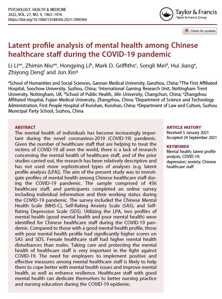 Mark Griffiths (@drmarkgriffiths) on Twitter photo Our paper looking at the mental health of healthcare staff during the pandemic has been published in the latest issue of 'Psychology, Health & Medicine': bit.ly/3FPfDpL <a href="/PsychologyNTU/">NTU Psychology</a> <a href="/NTUNews/">NTU Press Office</a> <a href="/ntu_research/">NTU Research</a> <a href="/NTUSocSciences/">NTU School of Social Sciences</a> Our paper looking at the mental health of healthcare staff during the pandemic has been published in the latest issue of 'Psychology, Health & Medicine': bit.ly/3FPfDpL <a href="/PsychologyNTU/">NTU Psychology</a> <a href="/NTUNews/">NTU Press Office</a> <a href="/ntu_research/">NTU Research</a> <a href="/NTUSocSciences/">NTU School of Social Sciences</a>