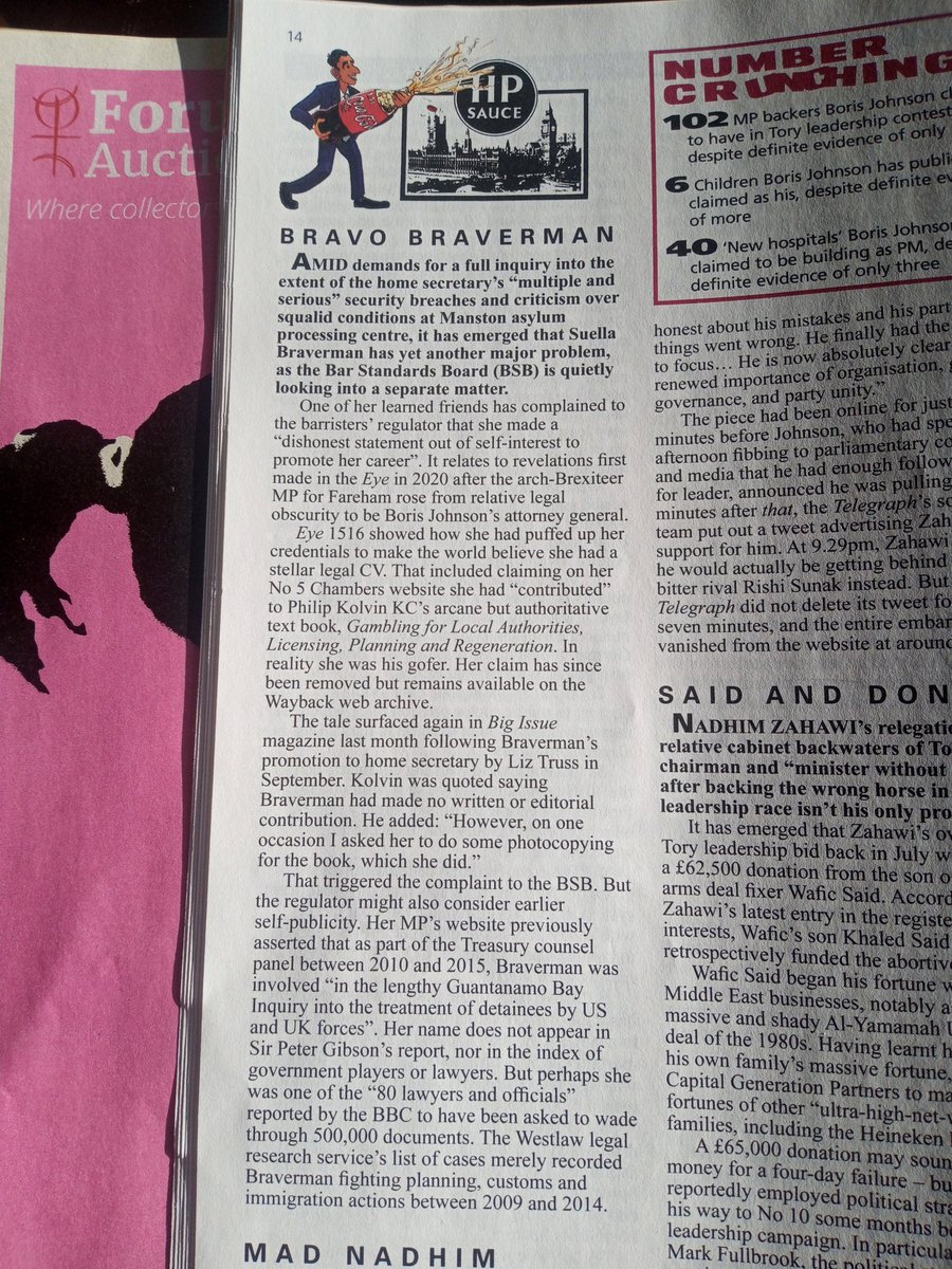 Another Braverman update . How she massaged her legal ' achievement' to advance her career. Esp like how her claim to have contributed to an important legal textbook was actually ' once asked her to do some photocopying'. Private Eye again.