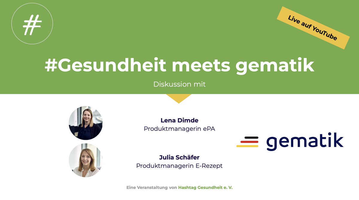 HashtagGesund's tweet photo. Am Dienstag sind wir bei der @gematik1 zu Gast. Wir sprechen mit den Produktmanagerinnen Lena Dimde und Julia Schäfer über die zukünftigen Entwicklungen von #ePA und #ERezept.

Im Livestream könnt ihr Fragen stellen, die wir vor Ort diskutieren werden: https://t.co/IPzp5R3S30 https://t.co/hKGAlsjVsg