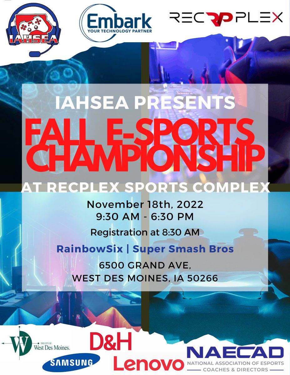 EmbarkIT's tweet photo. Join us in just TWO short weeks for the IAHSEA Fall E-Sports Championship, brought to you by EmbarkIT &amp; RecPlex Sports Complex. November 18th, 2022, from 9:30am - 6:30pm!
#IAHSEA #ESports #RainbowSix #SuperSmashBros #EmbarkIT #K12ESports #Technology https://t.co/3ZlFN5UHRY