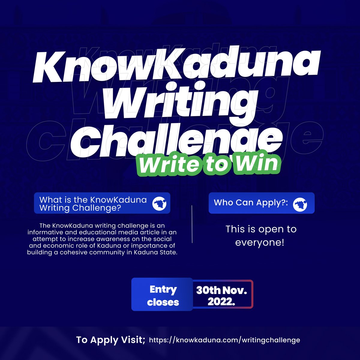 You have things you want to say about your experience in Kaduna? We want to read those things.

The KnowKaduna Writing Challenge: Write to Win is a communal platform for you to write to your heart's content and get several benefits.

To apply, visit: knowkaduna.com/writingchallen…