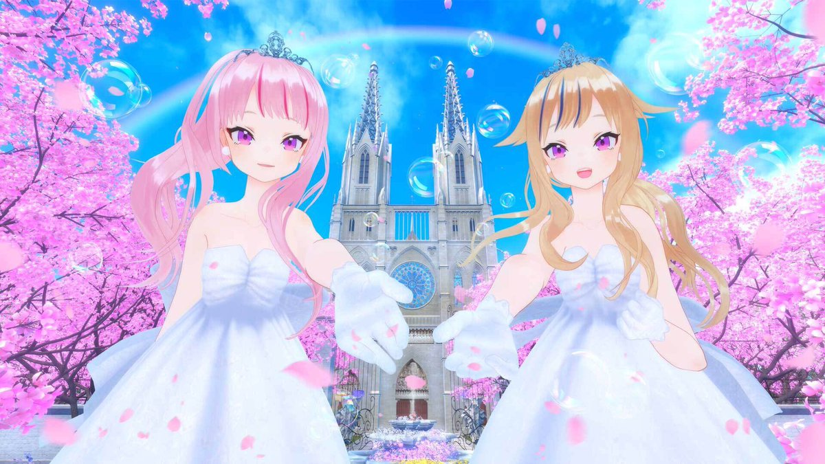 takanashi kiara multiple girls 2girls dress pink hair tiara cherry blossoms purple eyes  illustration images