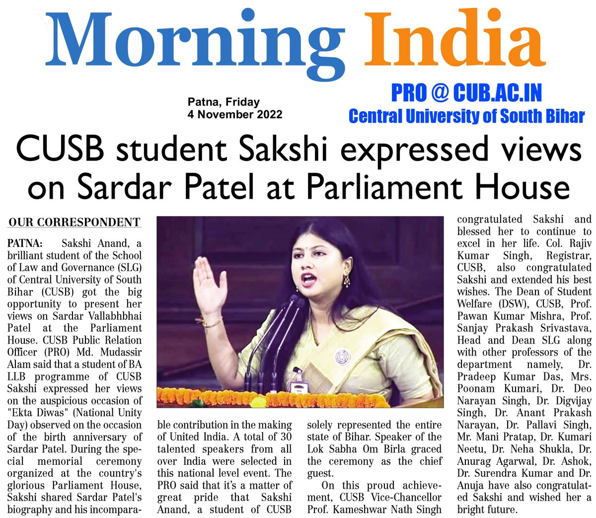 CUSBofficial's tweet image. #NewsClips CUSB Law Student Sakshi Anand expressed her views on Sardar Vallabhbhai Patel on his 147th Birth Anniversary at Parliament of India on 31.10.22 #nationalunityday2022 @PMOIndia @dpradhanbjp @rashtrapatibhvn @ugc_india @AIUIndia @EduMinOfIndia @PIB_India @PIB_Patna