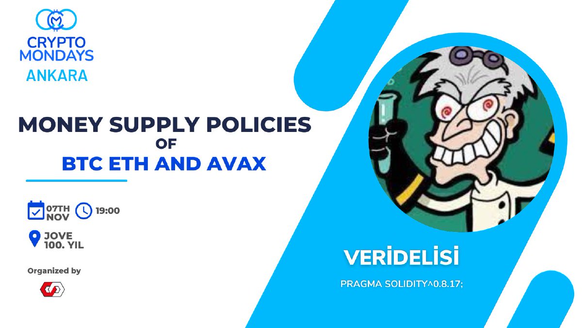 This Monday for CmAnkara, our guest <a href="/VeriDelisi/">VeriDelisi | Data for the Crazy,Crazy for The Data</a> will talk about "Money supply policies of Btc Eth and Avax".  
Don't miss this Monday 🔥

📆 07.11.2022 
🕛 19.00
📍Jove İşçi Blokları