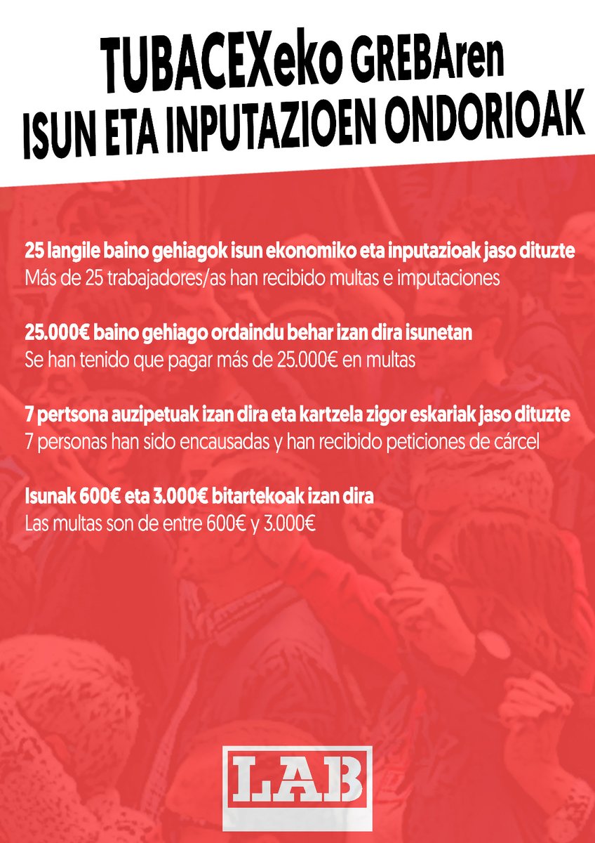 LABsindikatua's tweet image. El lunes, Aintzane Mendia, trabajadora de Tubacex, tendrá que enfrentarse a una petición de cárcel de 15 meses 

Defender el puesto de trabajo no es delito; llamamos a movilizarse activando la solidaridad ante los montajes policiales
👇👇👇
lab.eus/es/defender-el…
