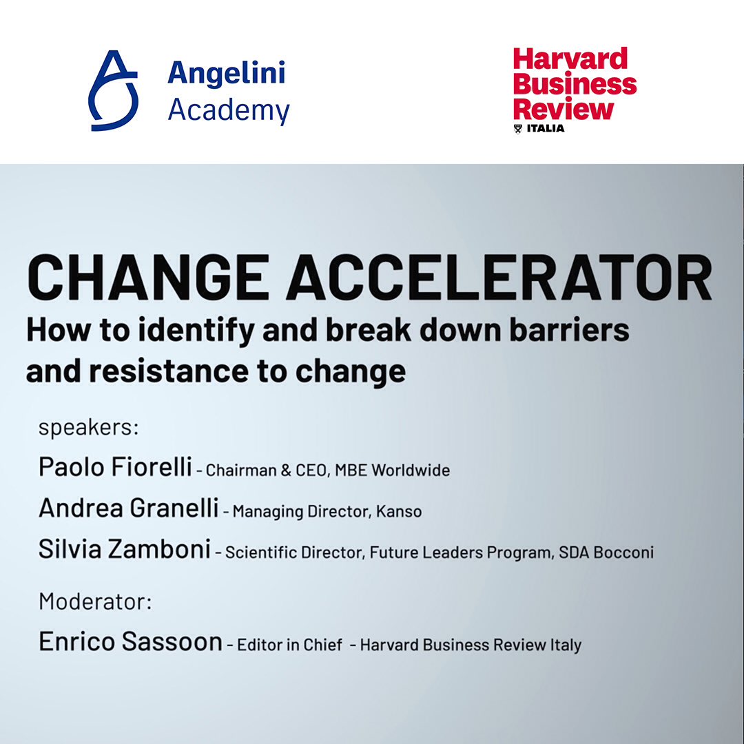#Dal 30 settembre sul sito hbritalia.it è disponibile il webinar “Change Accelerator. How to identify and break down barriers and resistance to change”
#Il progetto nasce dalla partnership tra HBR Italia e Angelini Academy, la corporate Academy di Angelini Industries.
