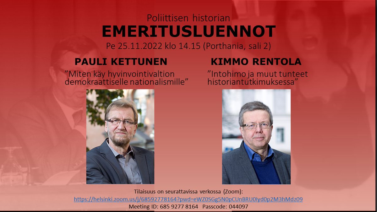 Tervetuloa kuuntelemaan poliittisen historian emeritusprofessorien Pauli Kettusen ja Kimmo Rentolan luentoja perjantaina 25.11.2022 klo 14.15 alkaen (Porthania, sali 2)!

<a href="/helsinkiuni/">University of Helsinki</a>, <a href="/SocSciHelsinki/">Faculty of Social Sciences, HelsinkiUni</a>, #WeAreHelsinkiUni 
🧵(1/4)