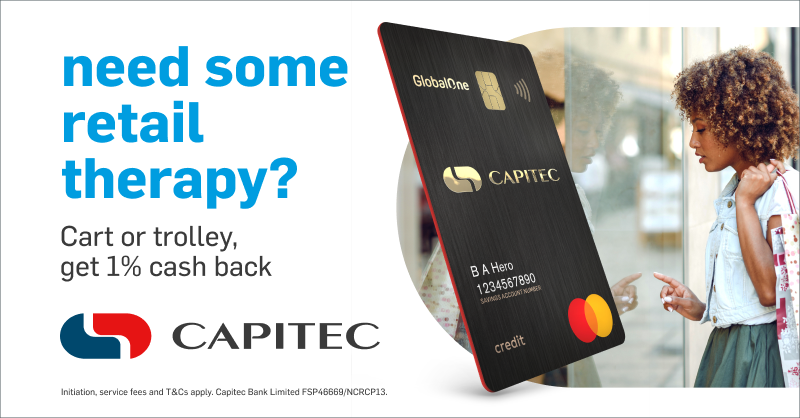 CapitecBankSA's tweet photo. Get up to R500 000 limit and 1% cash back when you spend with our credit card.