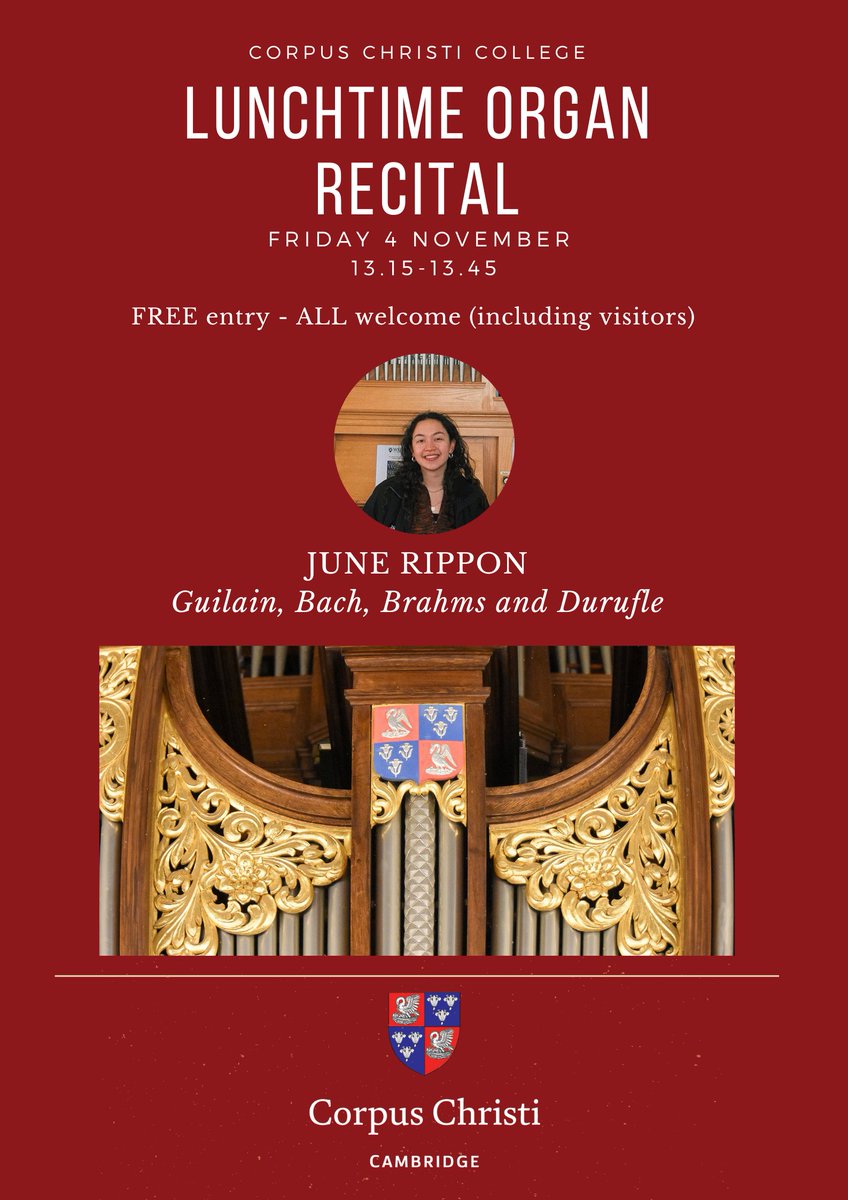 Drop by the <a href="/CorpusCamChapel/">Corpus Christi College Chapel, Cambridge</a> today for a FREE organ recital with organ scholar June Rippon <a href="/Catz_Cambridge/">St Catharine's College</a> . All welcome.