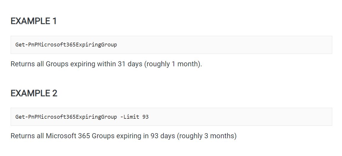 Expiring Microsoft 365 groups? 

Retrieve a list of expiring groups within a range using <a href="/PnpPowershell/">PnP PowerShell for Microsoft 365</a> cmdlet: 

✅ Get-PnPMicrosoft365ExpiringGroup

Link to docs👇

pnp.github.io/powershell/cmd…

#PnPPowerShell #Microsoft365Dev #M365PnP #SharingIsCaring #CommunityRocks