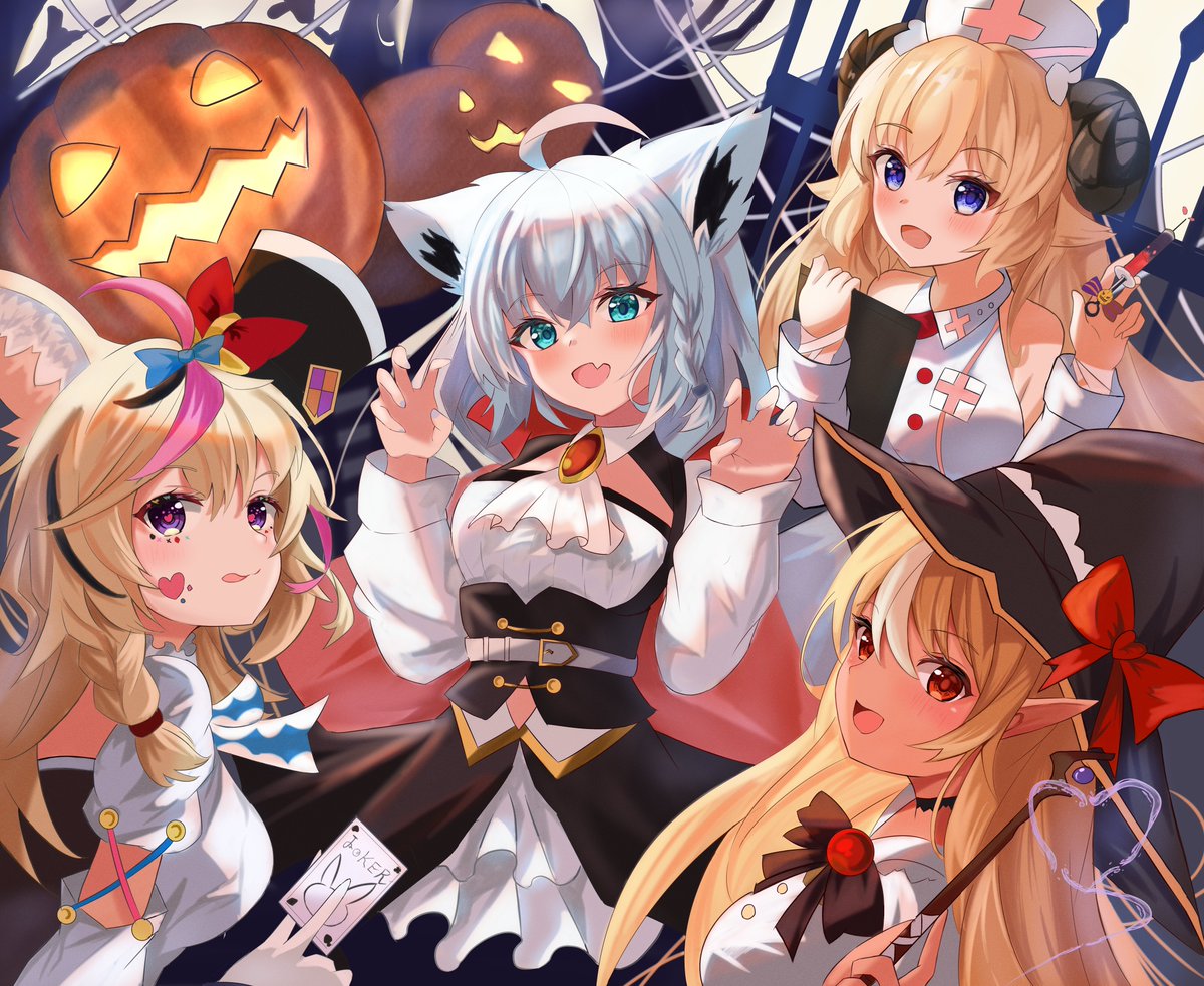 白上フブキ ,不知火フレア ,角巻わため 「バカタレサーカスinハロウィン#絵フブキ #しらぬえ #つのまきあーと#絵まる 」|ソーマのイラスト