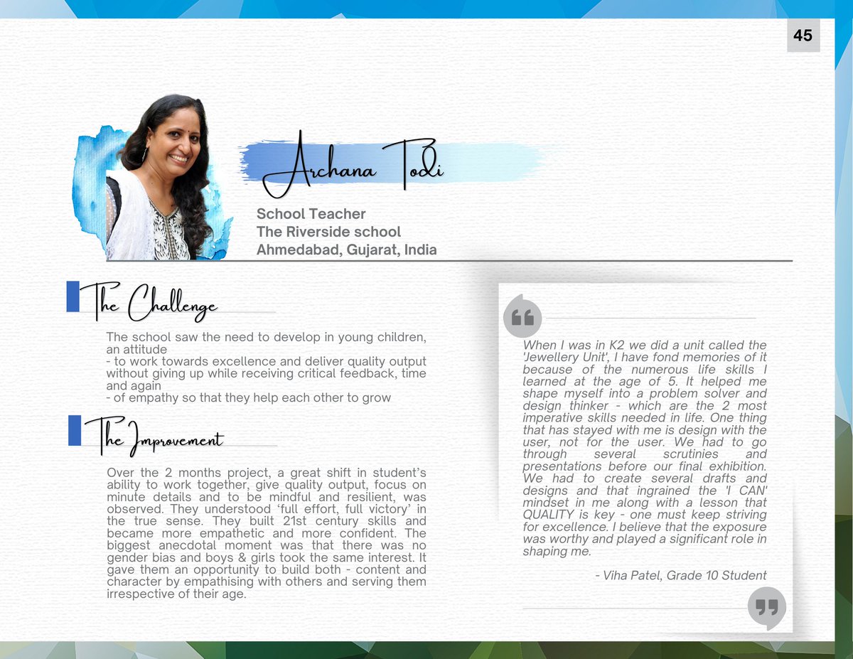 ShikshaLokam's tweet photo. Archana Todi, teacher at @riversideindia, implemented an #improvementproject to build resilience in children. An amazing journey where teachers along with @kiranbirsethi were seen completely invested in helping children convert constructive feedback into masterpieces. https://t.co/Ovfupbhil8