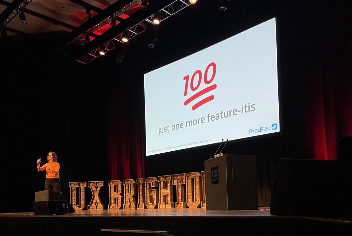 mattlemay's tweet photo. “It’s always that next ‘one more feature’ for that next prospective customer that might stop us from building what we actually need for the wider market.” - @simplybastow  #uxbrighton https://t.co/VKgt7rsITM