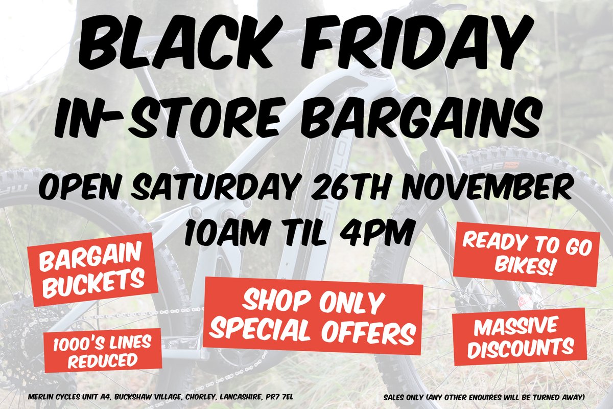 merlincycles's tweet image. *OUR SHOP IS OPEN SATURDAY 26TH NOVEMBER*
We are opening our shop for the ultimate in-store Black Friday Bargains!
Saturday 26th November 10am - 4pm (Lancashire, PR7 7EL)

#merlincycles #blackfriday #cycling