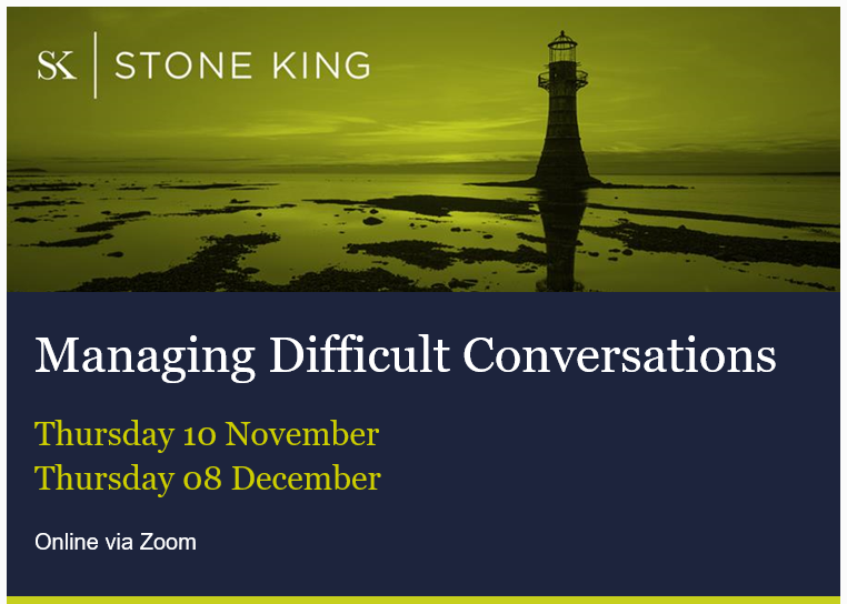 Last few places remaining on my Managing Difficult Conversations live webinar on Thurs 10th Nov with @StoneKingLLP. Lots of down-to-earth discussions and resources and we promise, NO ROLE PLAY! Here's the link to book and find out more. stoneking.co.uk/event/managing…