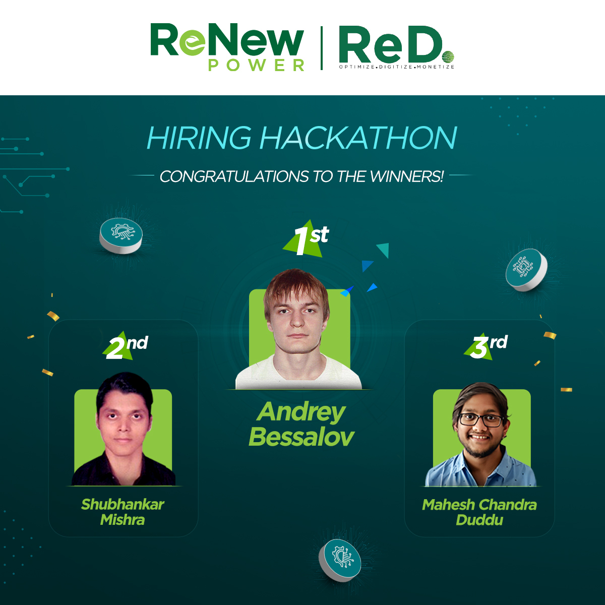 ReNewCorp's tweet photo. And the winners are..
π₯ Andrey Bessalov
π₯ Shubhankar Mishra
π₯ Mahesh Chandra Duddu
ReNew Power Hiring Hackathon β Hack your renewable game!
#ReNew4India #Hackathon #HiringHackathon #ContestAlert https://t.co/XaMO7m0ea4