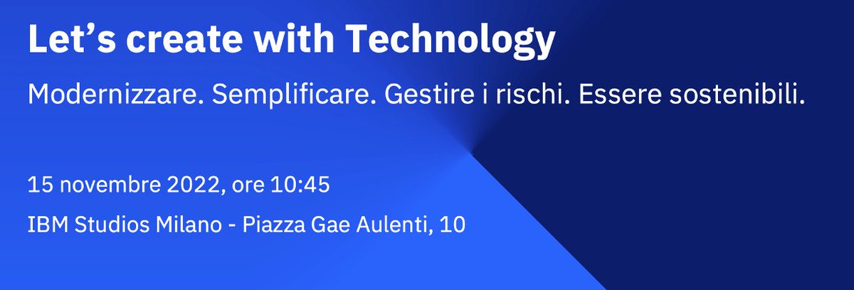 IBMItalia's tweet image. 📌 #LetsCreatewithTechnology

🔥 Vuoi scoprire come modernizzare, semplificare, gestire i rischi ed essere sostenibile?

➡️ Ti aspettiamo il 15 Novembre a #IBM Studios!

👉 Registrati: ibm.co/3E2YPu5[…]_term=20CN4&amp;amp;utm_id=Lets-Create-with-Technology-15-nov-IBM-SALES