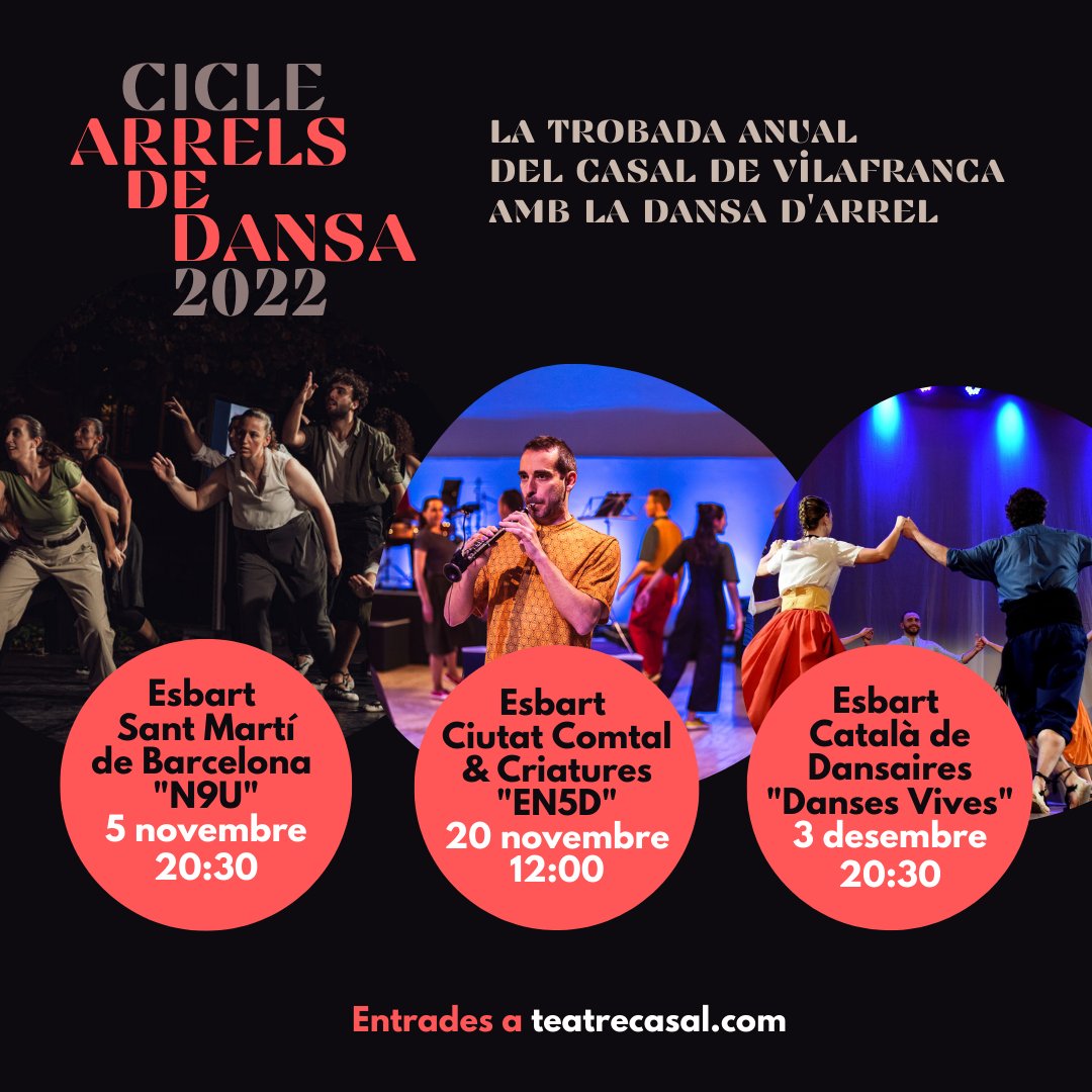 😍Demà arrenca la segona edició del cicle Arrels de Dansa!

👉🏽Enguany comptarem amb la participació de l'Esbart Sant Martí de Barcelona, l'Esbart Ciutat Comtal i <a href="/CriaturesMusica/">Criatures</a>, i l'Esbart Català de Dansaires.

🎟️Entrades a la web teatrecasal.com.