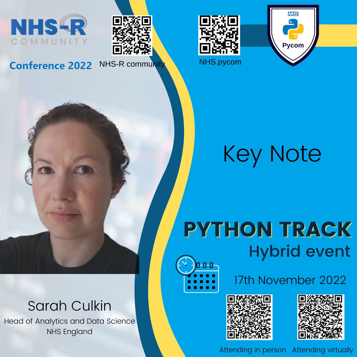 NHS Python Community (@nhspycom) on Twitter photo Our keynote speaker for the Python Track of the NHS-R Conference on 17/11/22 this year is NHS England's Sarah Culkin.
Not to be missed, sign up now for in-person or online attendance @ nhs-pycom.net/nhs-r-conferen…
<a href="/sarah_culkin/">Sarah Culkin</a> <a href="/NHSEngland/">NHS England</a> <a href="/NHSDigital/">NHS England Transformation</a> #Python #opensource #healthcare Our keynote speaker for the Python Track of the NHS-R Conference on 17/11/22 this year is NHS England's Sarah Culkin.
Not to be missed, sign up now for in-person or online attendance @ nhs-pycom.net/nhs-r-conferen…
<a href="/sarah_culkin/">Sarah Culkin</a> <a href="/NHSEngland/">NHS England</a> <a href="/NHSDigital/">NHS England Transformation</a> #Python #opensource #healthcare