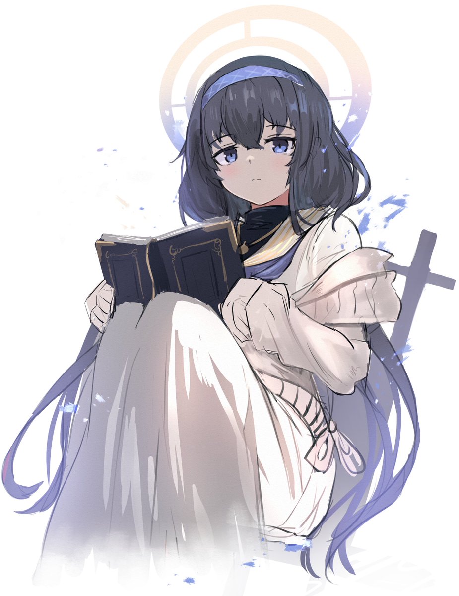 ui (blue archive) 1girl solo book halo long hair black hair hairband  illustration images