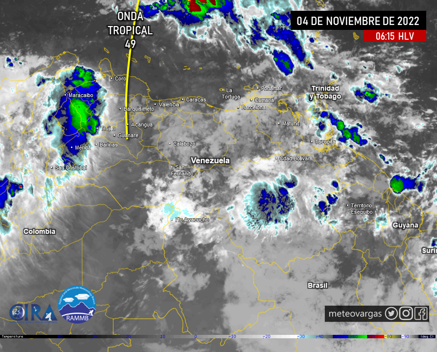 Meteovargas's tweet photo. #4Nov Onda Tropical 49 al noroccidente del país. Gran parte de VEN amanece con áreas nubladas a fragmentadas; destacando núcleos convectivos generadores de lluvias y algunos con tormentas en zonas de Zulia, oeste de Falcón/Lara, los Andes, este de Apure y la región Guayana https://t.co/UjwJKTv1bT