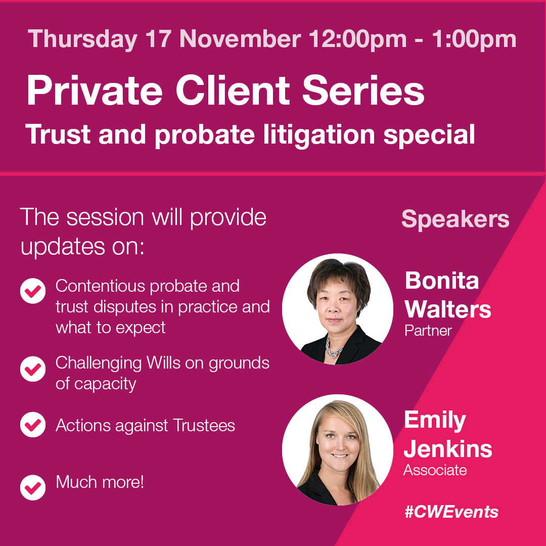 CW Private client team (@cwprivateclient) on Twitter photo Join us on Thursday 17 Nov at 12:00pm for the next session in our series of <a href="/CWPrivateClient/">CW Private client team</a> webinars.
Join our expert panel for this litigation special which will give advice on what to look out for in potentially difficult situations. Register here: bit.ly/3FFmbah Join us on Thursday 17 Nov at 12:00pm for the next session in our series of <a href="/CWPrivateClient/">CW Private client team</a> webinars.
Join our expert panel for this litigation special which will give advice on what to look out for in potentially difficult situations. Register here: bit.ly/3FFmbah