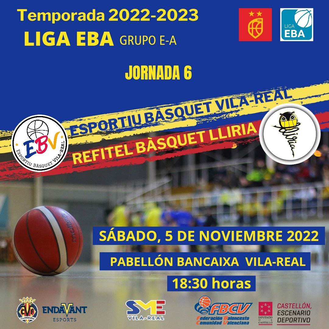 EB Vila-real (@ebvilareal) on Twitter photo ¡Mañana sábado jugamos en casa!
Liga EBA - J6 EBV vs Refitel Basquet Lliria, Sábado - 5/11/22 a las 18:30 h. en Pab. Bancaixa
👏👏 Os esperamos afición!! 💛🏀
<a href="/SMEVILAREAL/">SME Vila-real</a>
#somEBV #séniorebaebv #123Vila #esportiubàsquetvilareal #somequipeba #smevilareal #endavantesports ¡Mañana sábado jugamos en casa!
Liga EBA - J6 EBV vs Refitel Basquet Lliria, Sábado - 5/11/22 a las 18:30 h. en Pab. Bancaixa
👏👏 Os esperamos afición!! 💛🏀
<a href="/SMEVILAREAL/">SME Vila-real</a>
#somEBV #séniorebaebv #123Vila #esportiubàsquetvilareal #somequipeba #smevilareal #endavantesports