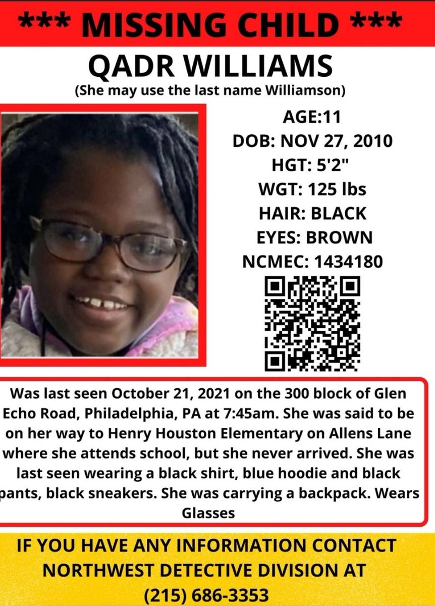 PLEASE share
Foster child  #QadrWilliams went missing while on her way to school in the MTAIRY section of #Philadelphia #Pennsylvania despite reports that she was found..she is still Missing. Qadr is loved by her community and teachers who searched endlessly for her.