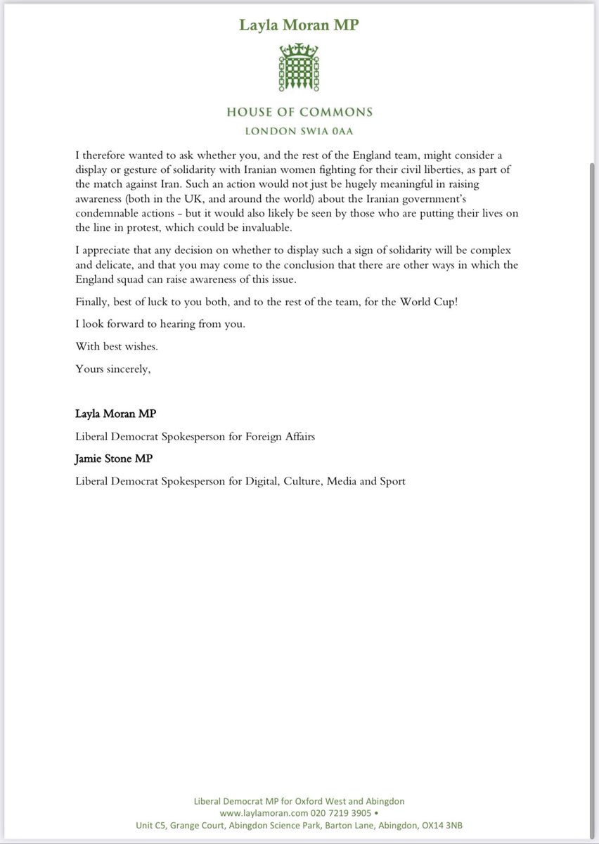 NEW | England asked to consider making a “display or gesture of solidarity with Iranian women fighting for their civil liberties” when the two countries meet at the World Cup.  Letter from Layla Moran MP, the party’s Foreign Affairs Spokesperson, to Southgate and Kane ⬇️