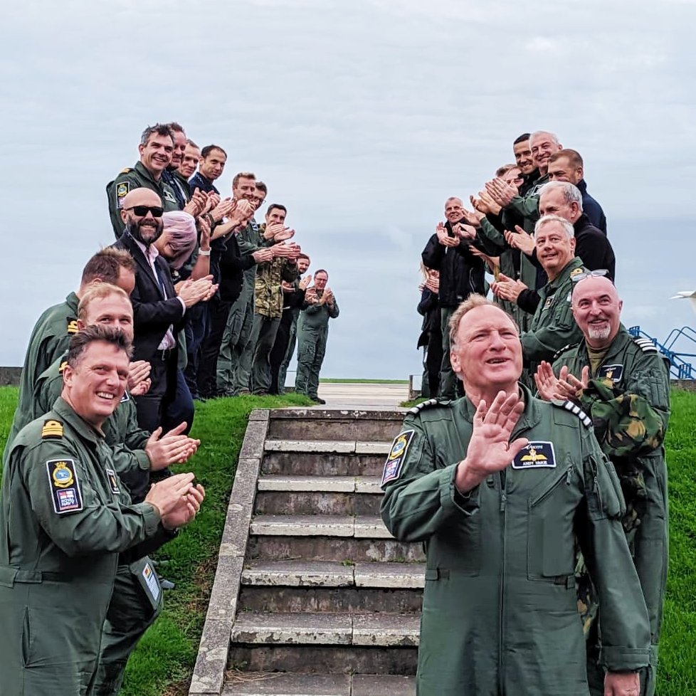 RNASCuldrose's tweet photo. The Fleet Air Arm bids farewell today to 'legendary'  pilot Cdr (Rtd) Andy 'Minky' McKie who has retired from #750NAS after 46 years in military aviation. He's served 31 years with @RoyalNavy and 15 years as a civilian pilot with @SercoGroup then @AscentFlight mostly at Culdrose https://t.co/i39SL2ATeU