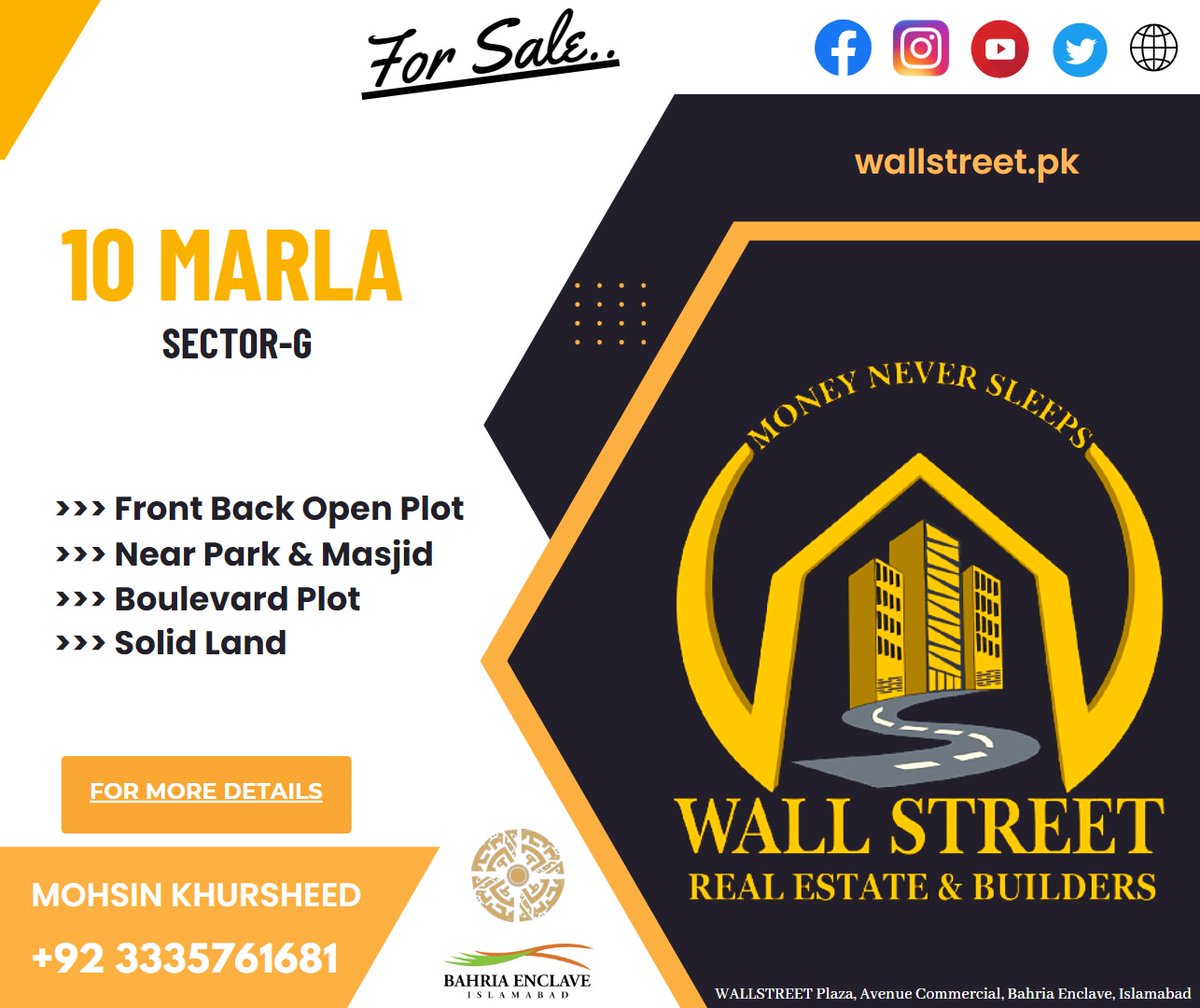 bahriatownwall's tweet photo. Are you looking for Residential Plot?
We are here to provide you the best opportunity
10 Marla Residential plot available in sector G
#MainBoulevard
#SolidLand
#CloseToParkMasjid
#FrontBackOpen 
Mohsin Khursheed +92 333 5761681
Wallstreet Real Estate and Builders 

#BahriaEnclave https://t.co/GhBLksfxE5