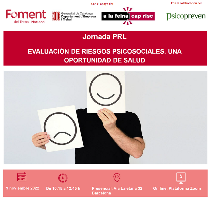 ergoypsico's tweet photo. 👉Jornada presencial y online "Evaluación de riesgos psicosociales. Una oportunidad de salud" organizada por @FomentTreball. Se presenta la metodología @Psicopreven / ⏰ 9 de noviembre de 10.15 a 12.45 / Inscripción online: https://t.co/uqGJk0Nb3S https://t.co/YGrqafjk6Q
