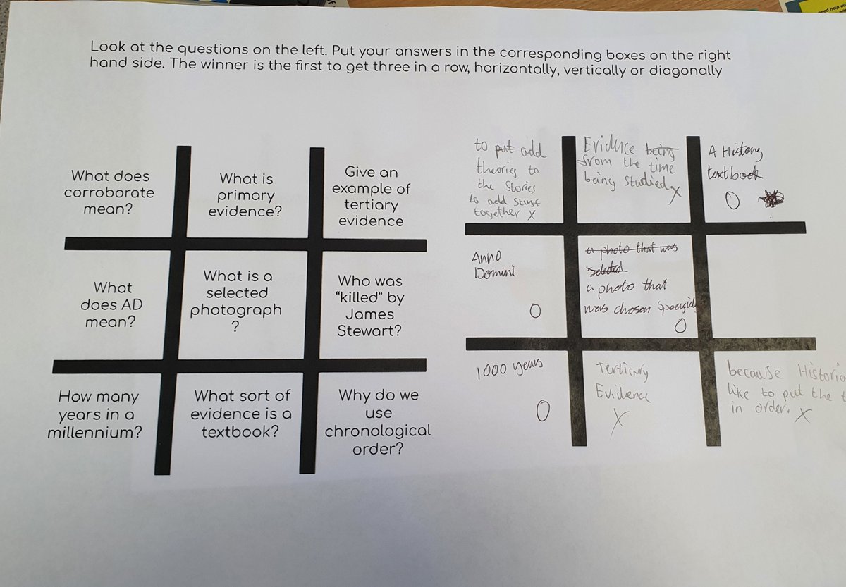 MrRobHistory's tweet photo. Questions on the left, their answers on the right. Next stage is to get them to write their own questions in a blank grid then answer them. #historyteacher https://t.co/wQ2tUOm24h