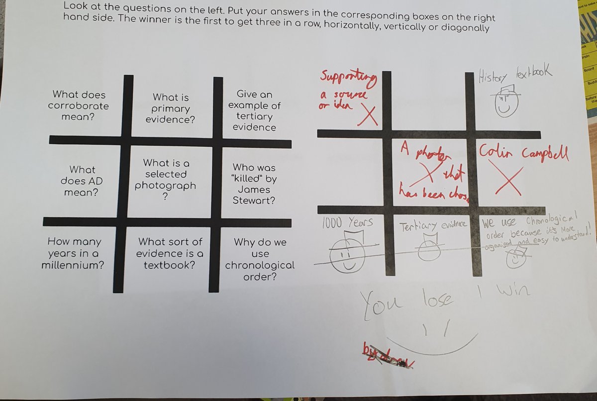 Questions on the left, their answers on the right. Next stage is to get them to write their own questions in a blank grid then answer them. #historyteacher