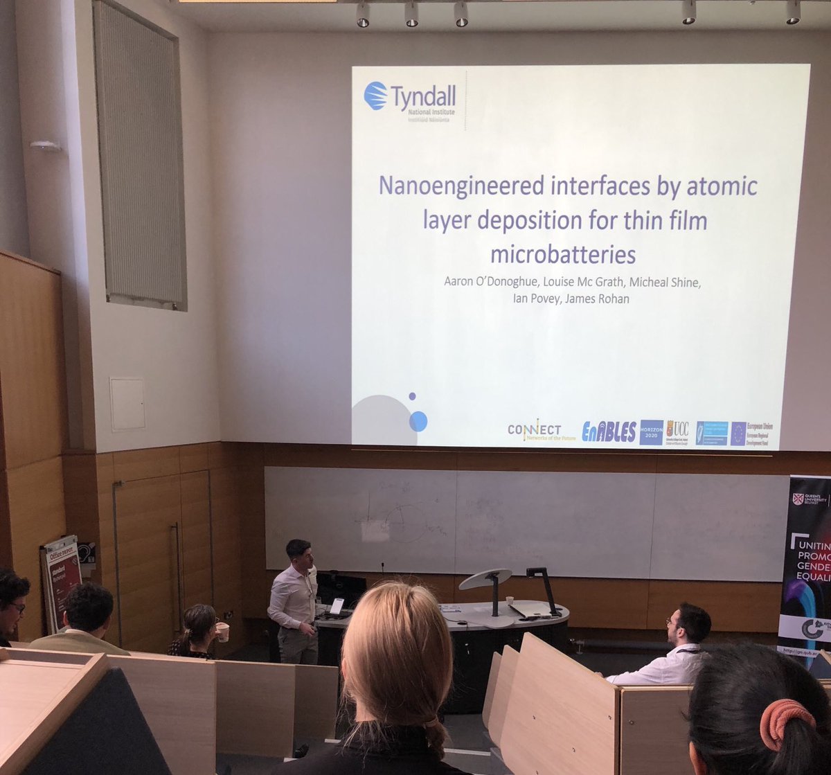Aaron O’Donoghue presenting some of his ⁦<a href="/EnablesEU/">EnablesEU</a>⁩ and ⁦<a href="/connect_ie/">CONNECT Centre</a>⁩ microbattery research at the early career researcher meeting in QUB @echemirl ⁦<a href="/M_D_Scanlon/">Micheál D. Scanlon/Scanlon Electrochemistry Lab</a>⁩