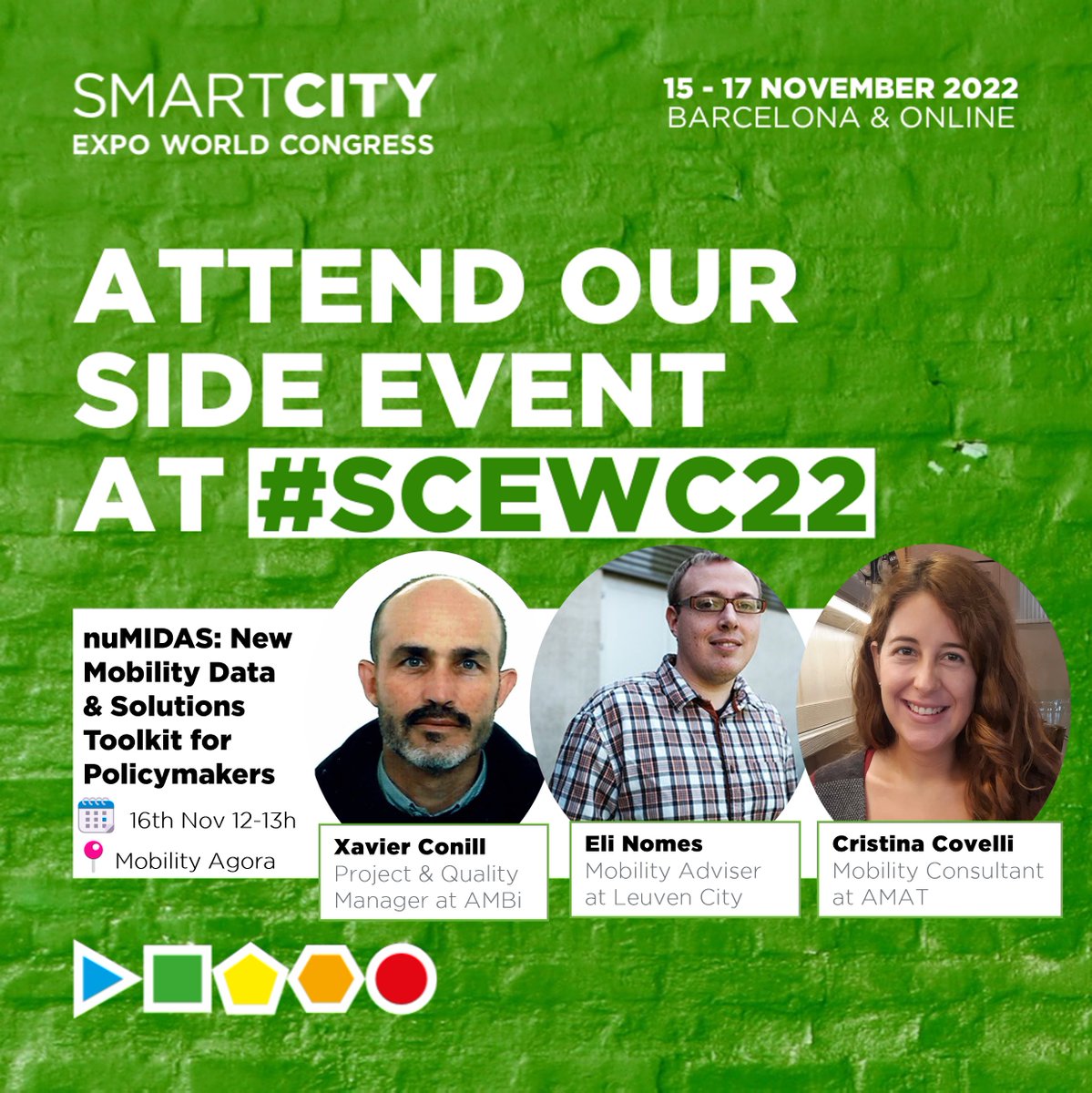 ⚠️2 weeks until <a href="/_TomorrowMob/">Tomorrow.Mobility</a>❗
During our #nuMIDAS event we will present a live demo of our #mobility dashboard! Check out our speakers!
 🗓16th of November
⏱12h - 13h
📍Expo Area – Mobility Agora -Fira Barcelona
#TMWC22 #H2020 #Mobility #SCEWC22 #CitiesInspiredByPeople